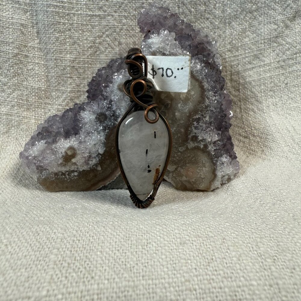 Natural Tourmalinated Quartz Gemstone Copper Wire Wrapped Handmade Pendant